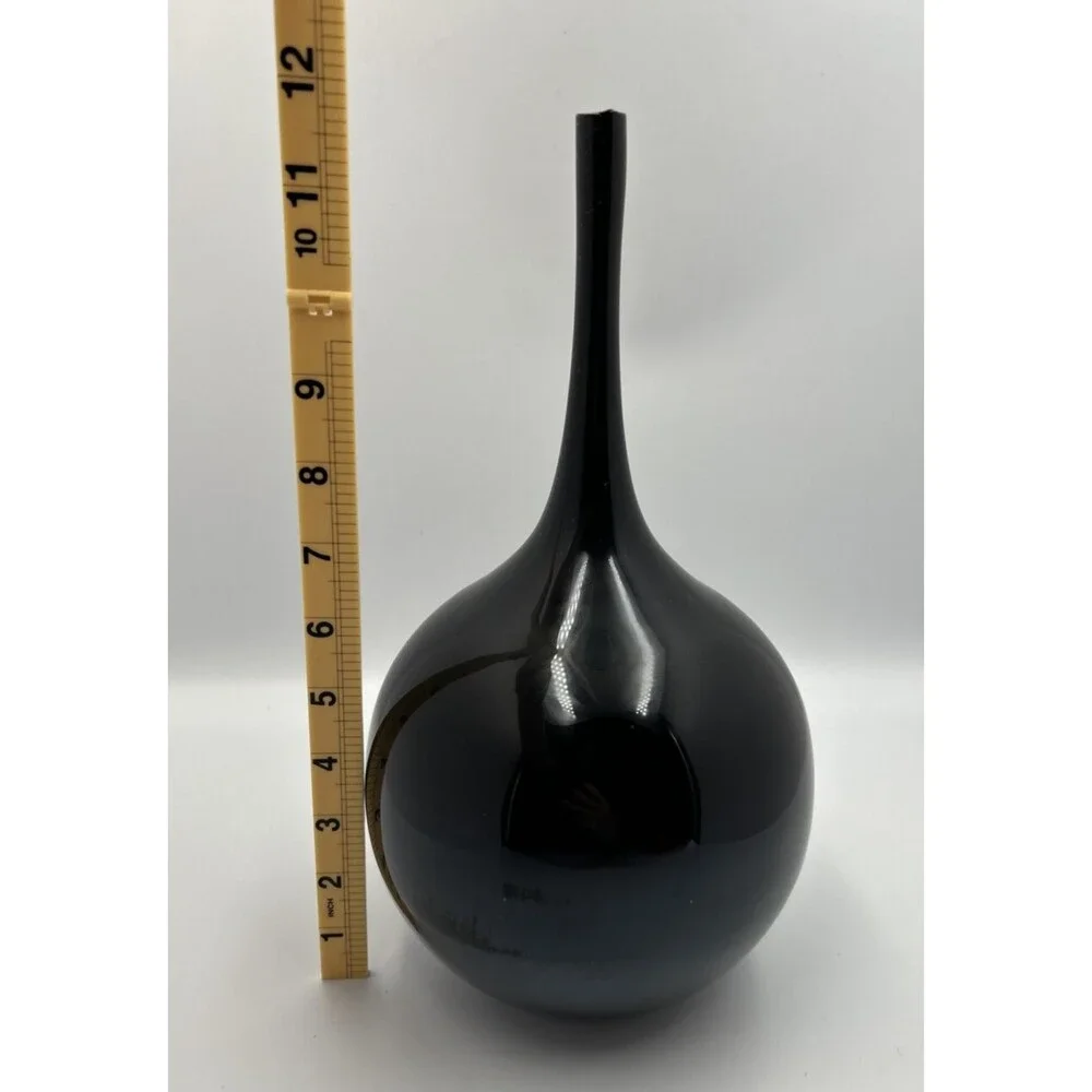 Black Art Glass Vase Long Neck Teardrop Modern MCM Style 12